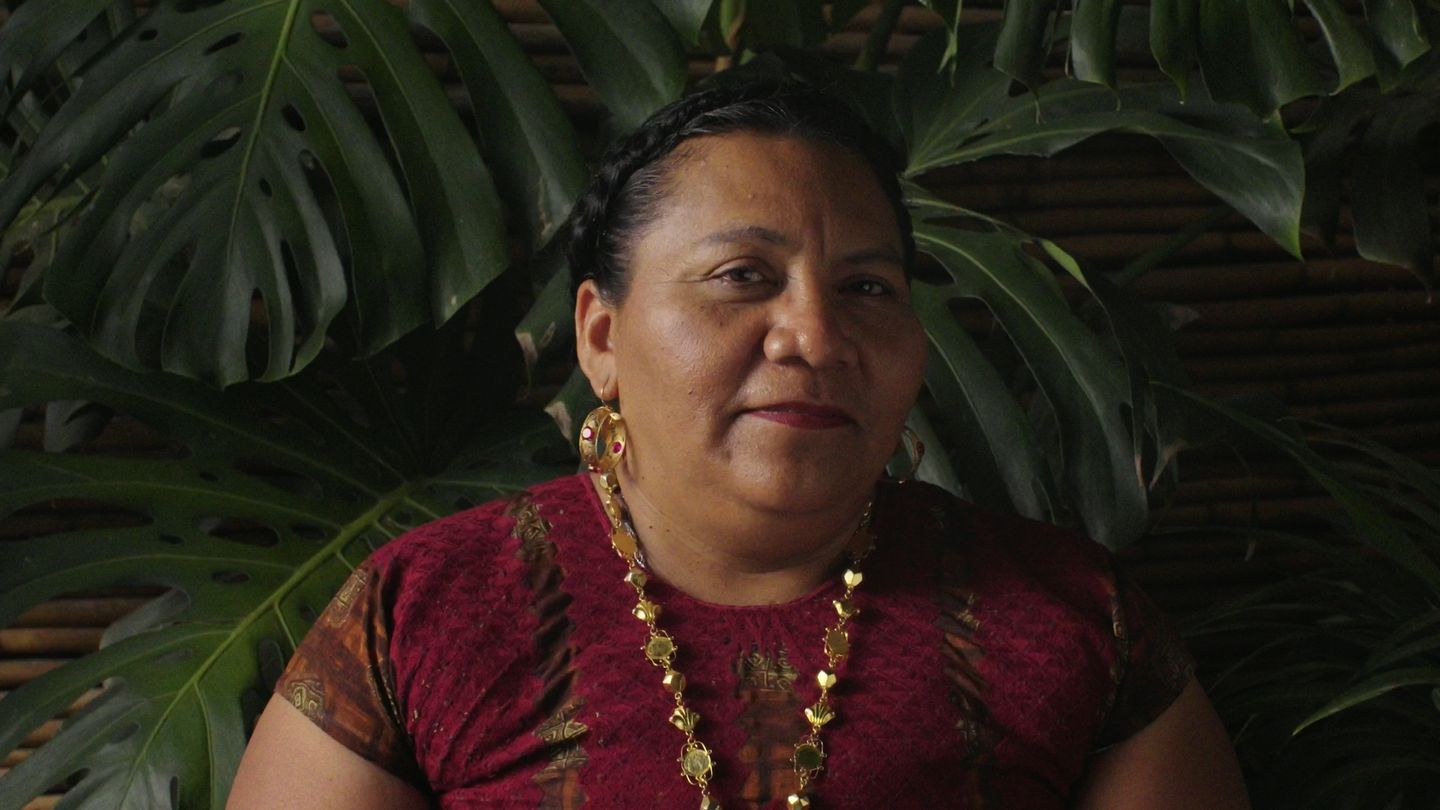 Retrato de una mujer con collar de ámbar entre hojas de monstera.